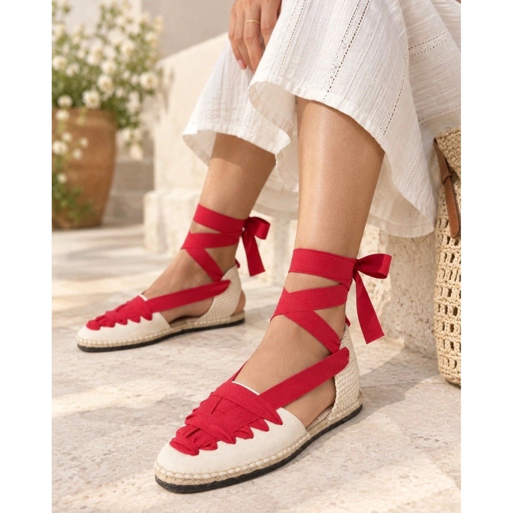 Loeffler Randall Wilson Women's Espadrille Flats Ankle Wrap Red Lace Up US 6.5